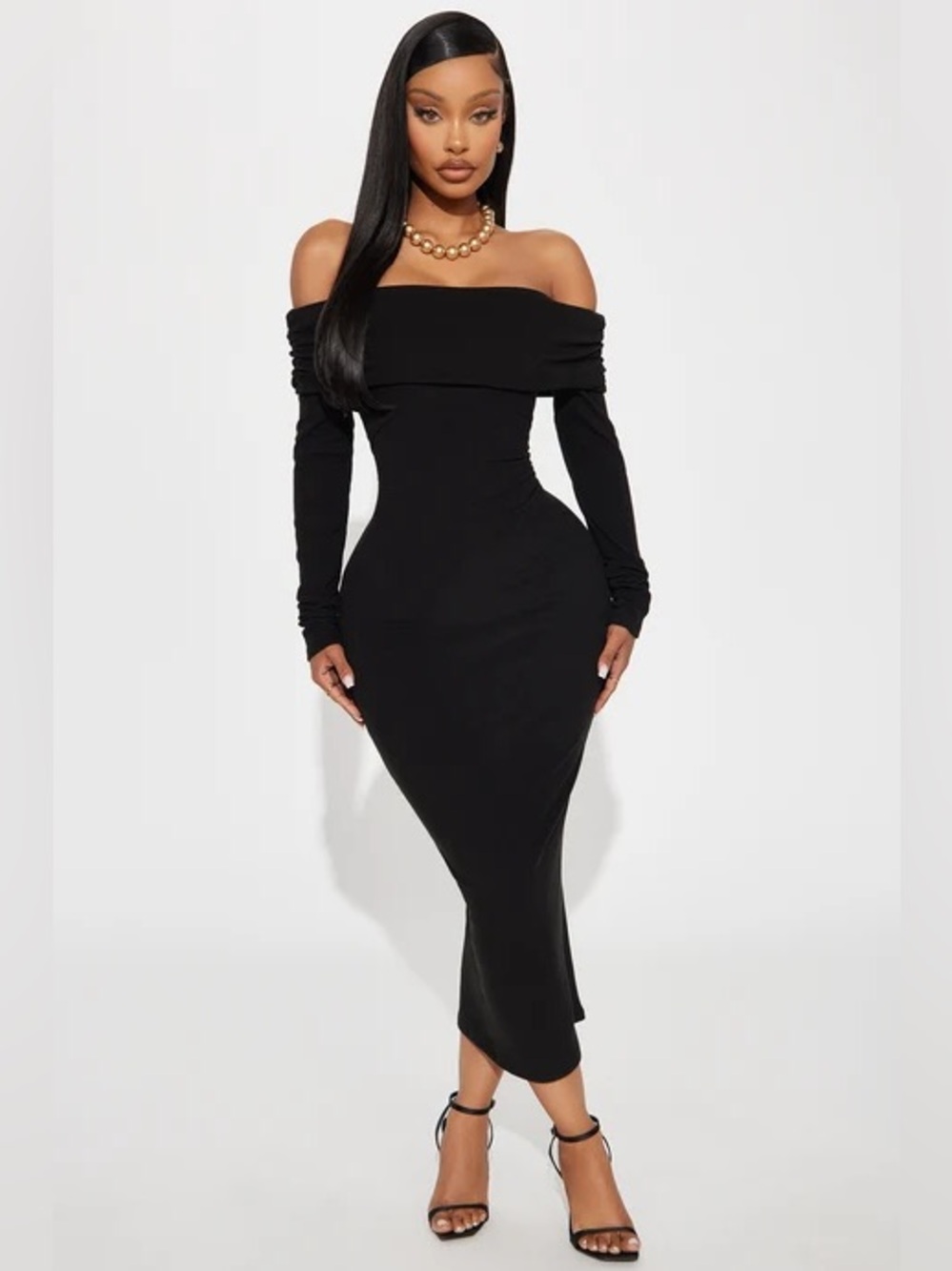 Off-Shoulder Long Sleeve Black Midi Dress